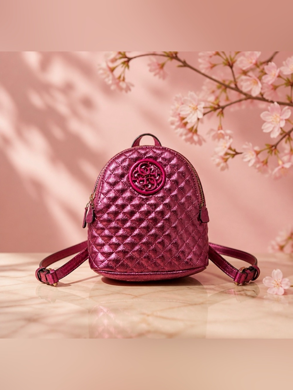 Guess Metallic Quilted Mini Backpack - Magenta with gift set